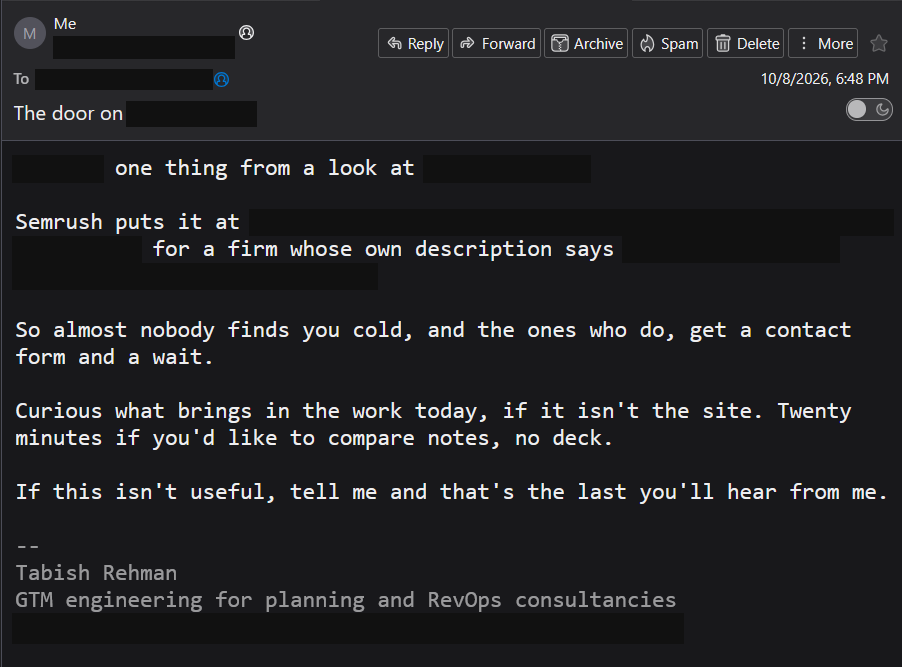A short first-step email in a sent folder, five short paragraphs and a sign-off, with the recipient, the firm, the sender's address and the one traffic figure covered